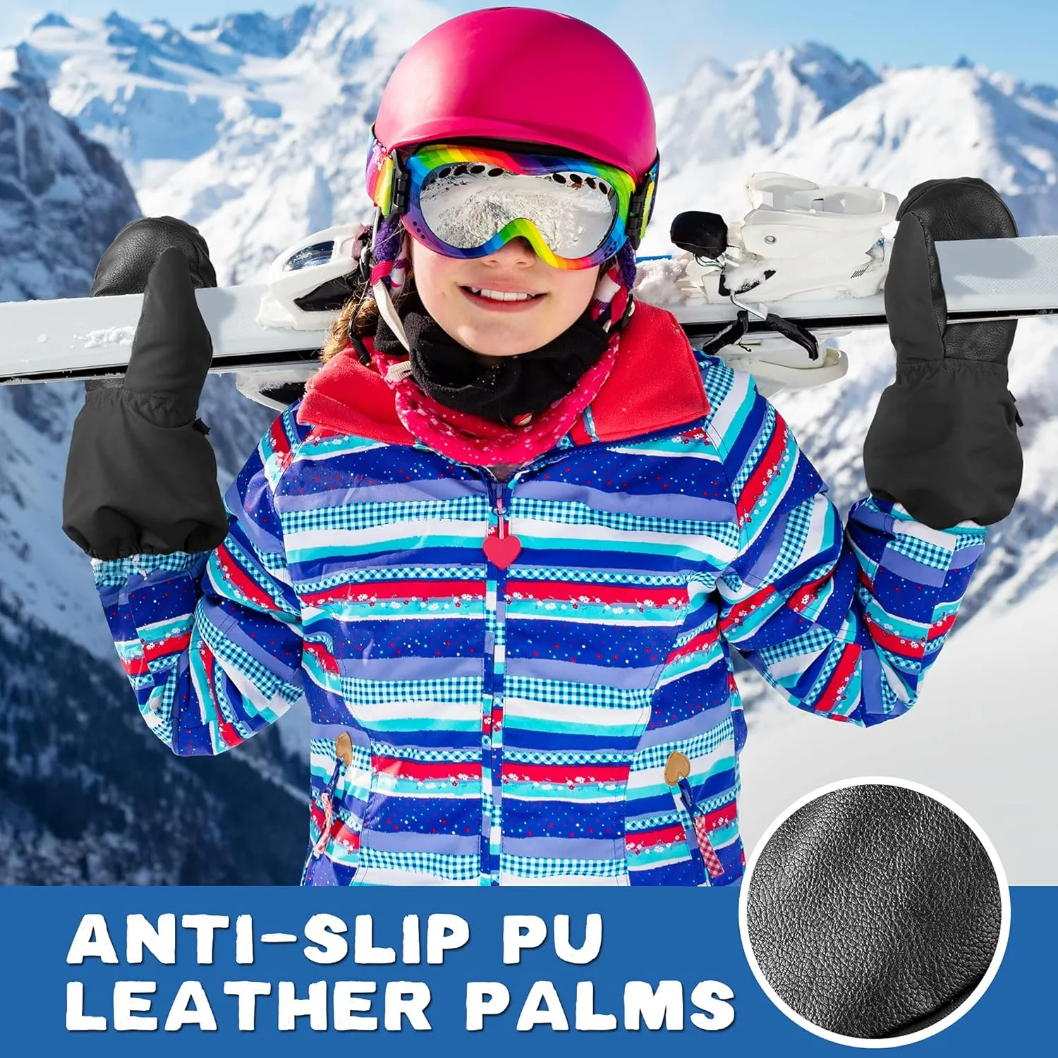 MCTi Kids Mittens Waterproof Winter Ski Warm Sherpa Lined Long Cuff with String