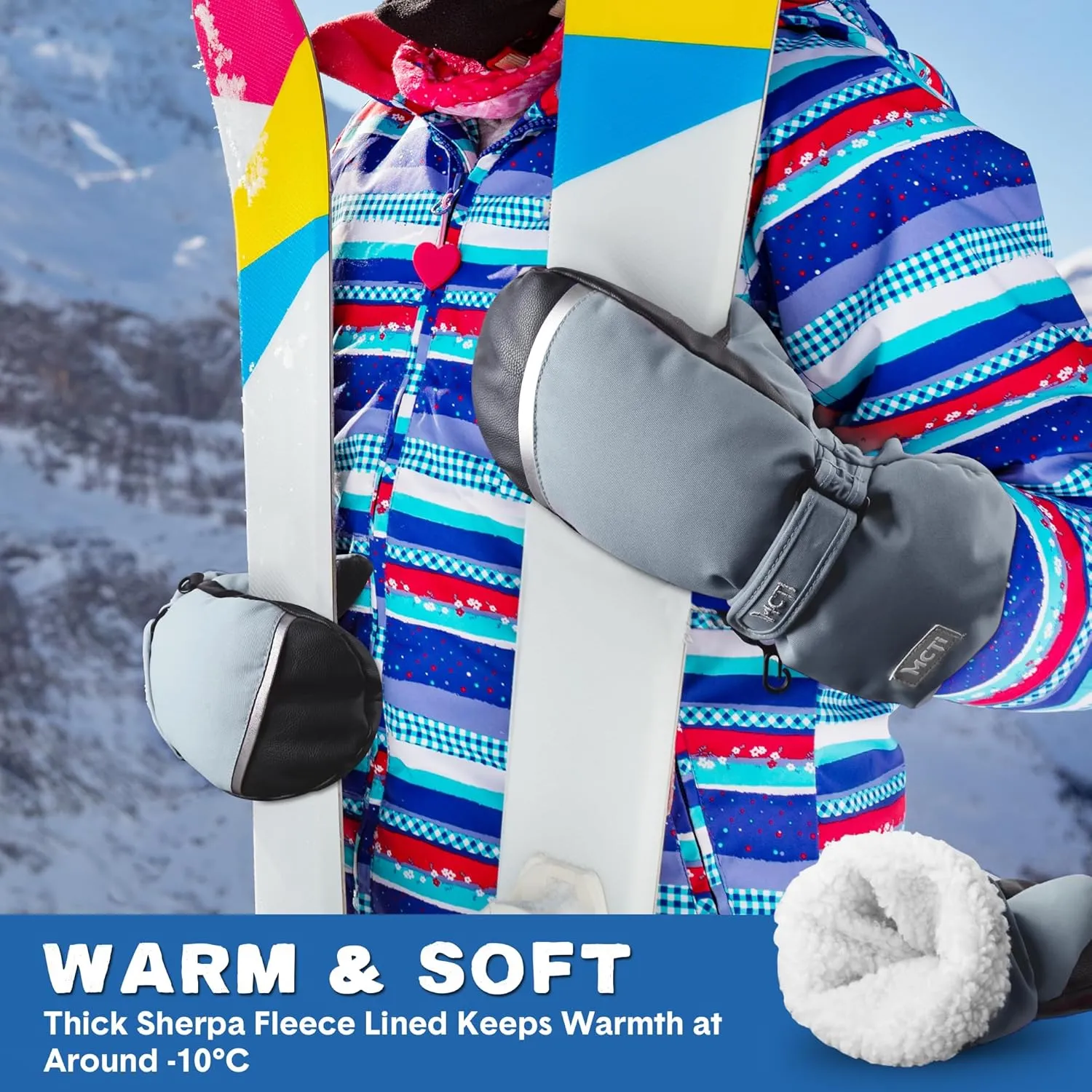 MCTi Kids Mittens Waterproof Winter Ski Warm Sherpa Lined Long Cuff with String