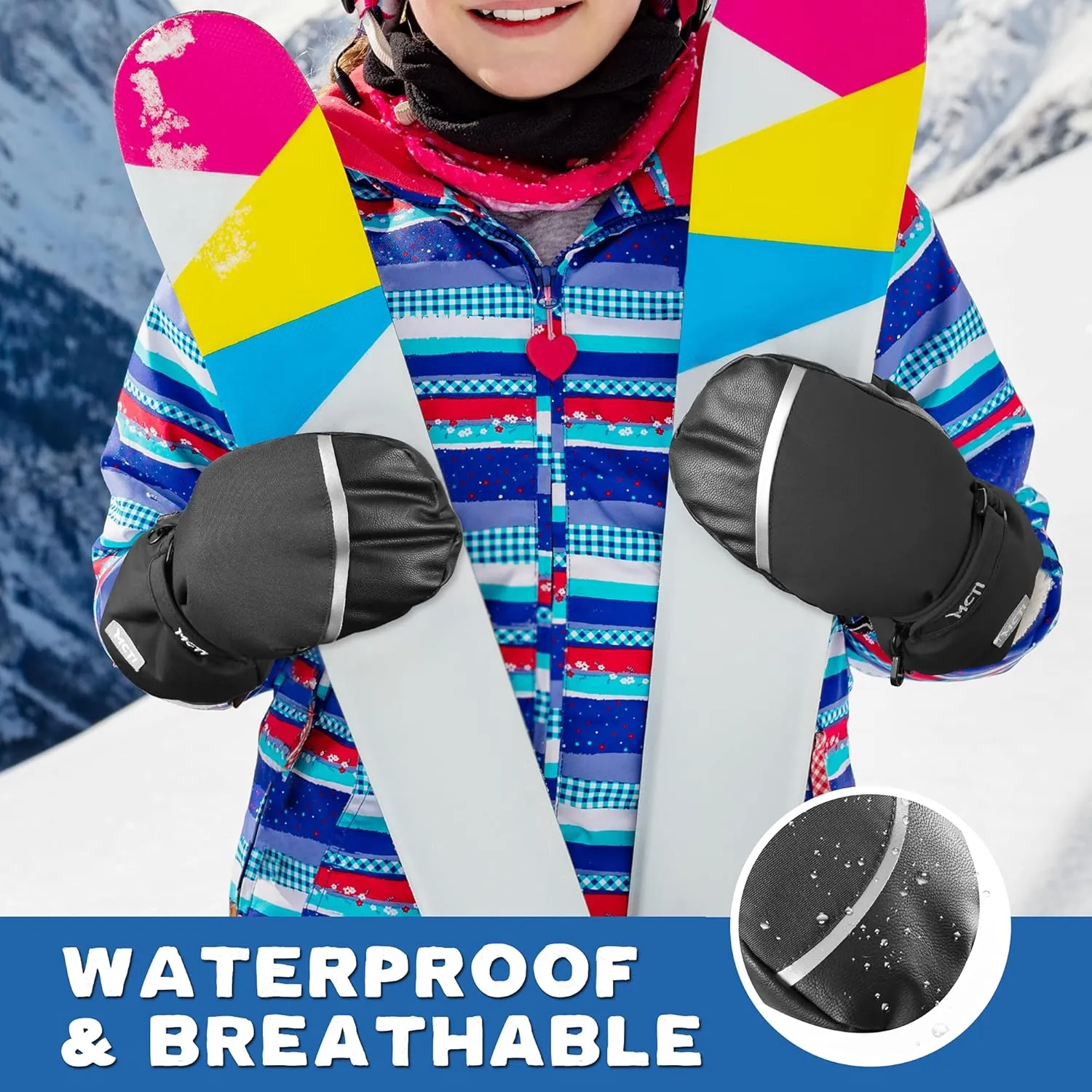 MCTi Kids Mittens Waterproof Winter Ski Warm Sherpa Lined Long Cuff with String