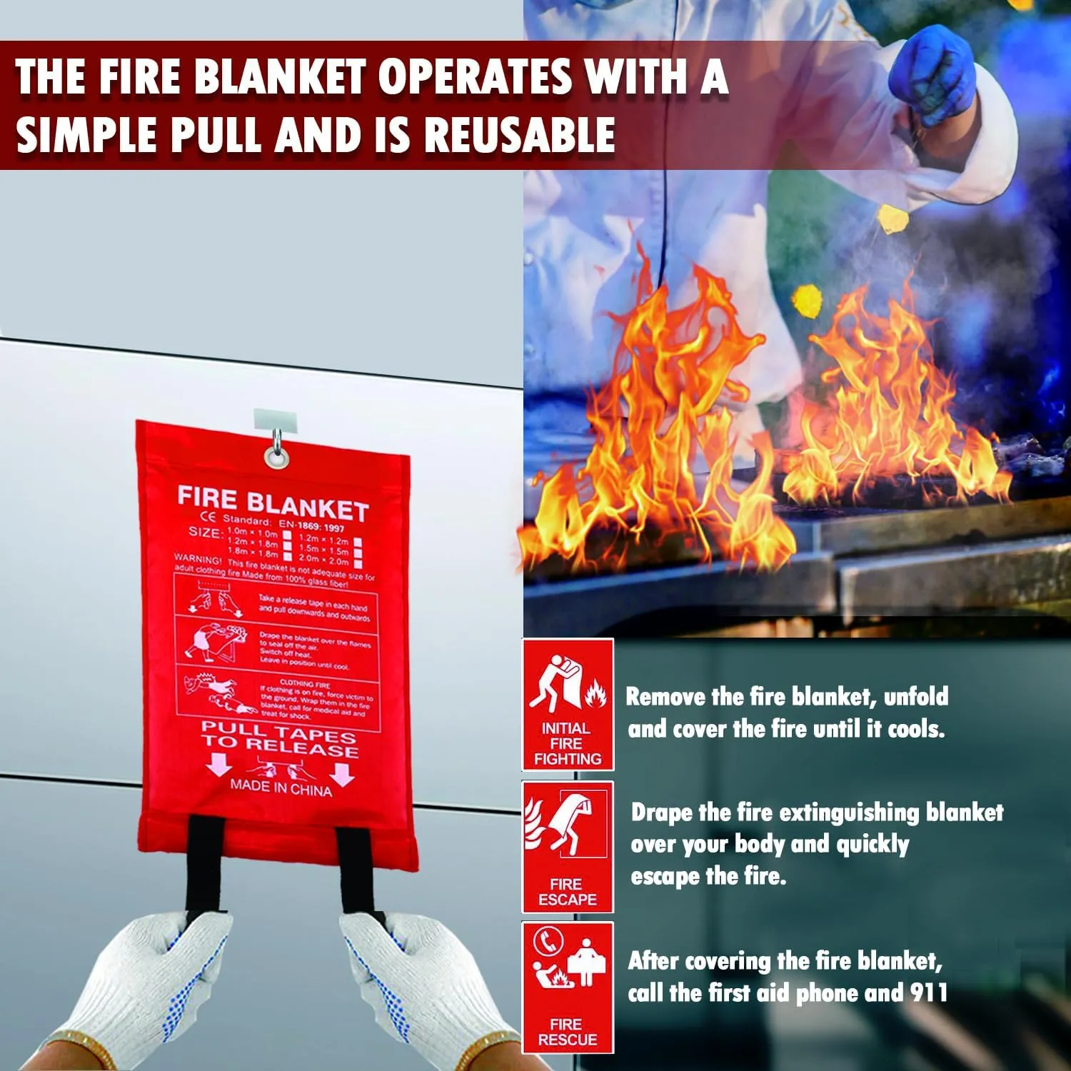 MDH Fire Blanket 40x40 Inch Fiberglass w/Gloves Hooks Whistle - Fireproof Safety for Home, Kitchen, Restaurant, House - Reusable (Fire Blanket Pack of 4)