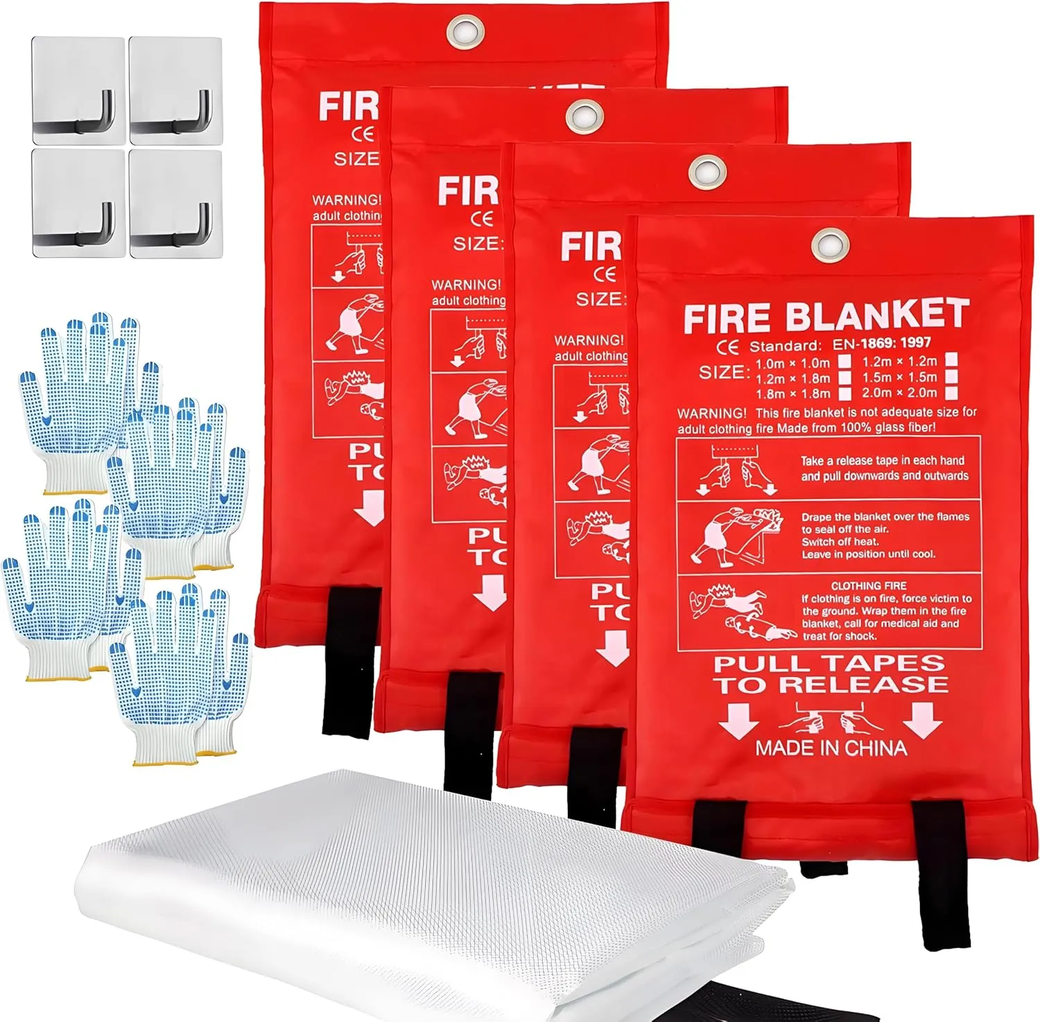MDH Fire Blanket 40x40 Inch Fiberglass w/Gloves Hooks Whistle - Fireproof Safety for Home, Kitchen, Restaurant, House - Reusable (Fire Blanket Pack of 4)
