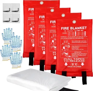 MDH Fire Blanket 40x40 Inch Fiberglass w/Gloves Hooks Whistle - Fireproof Safety for Home, Kitchen, Restaurant, House - Reusable (Fire Blanket Pack of 4)