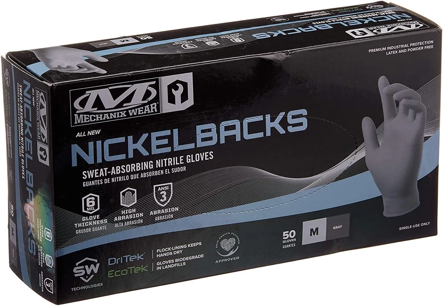 Mechanix Wear: 6 Mil Nickelback Nitrile Gloves with Sweat Absorbing Liner, Latex and Powder Free, Disposable Gloves, Textured Grip, 50 pack, Cleaning and Mechanic Work Gloves (Gray 6 mil, Medium)