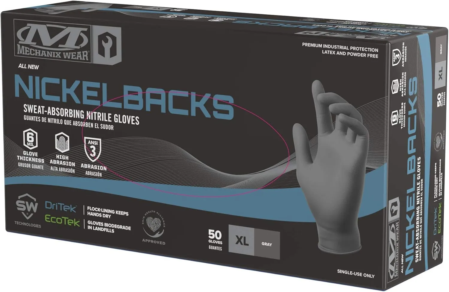 Mechanix Wear: 6 Mil Nickelback Nitrile Gloves with Sweat Absorbing Liner, Latex and Powder Free, Disposable Gloves, Textured Grip, 50 pack, Cleaning and Mechanic Work Gloves (Gray 6 mil, X-Large)