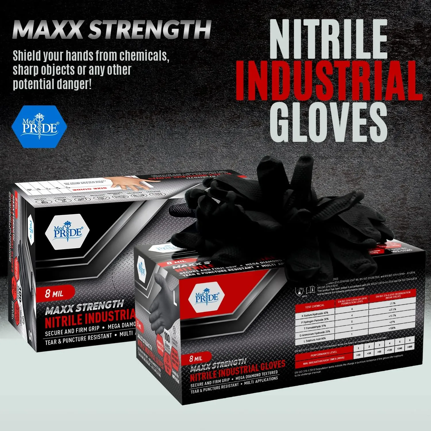 MED PRIDE Maxx Strength Nitrile Industrial Black, 8 Mil Thick - Diamond Texture Disposable Heavy-Duty, Tear-Resistant