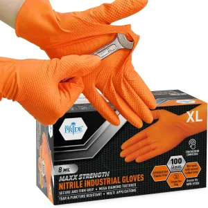 MED PRIDE Maxx Strength Nitrile Industrial Orange Gloves, 8 Mil Thick - Diamond Texture Disposable Heavy-Duty, Tear-Resistant
