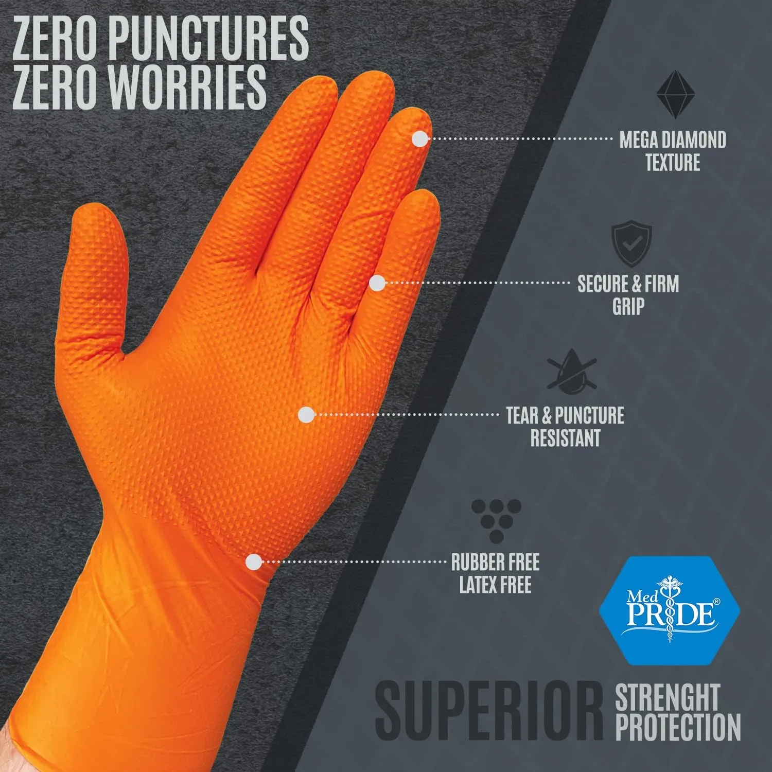MED PRIDE Maxx Strength Nitrile Industrial Orange Gloves, 8 Mil Thick - Diamond Texture Disposable Heavy-Duty, Tear-Resistant