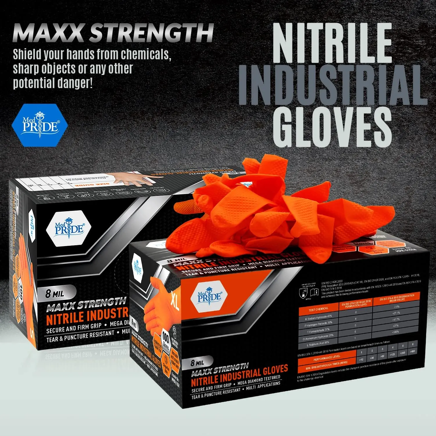 MED PRIDE Maxx Strength Nitrile Industrial Orange Gloves, 8 Mil Thick - Diamond Texture Disposable Heavy-Duty, Tear-Resistant