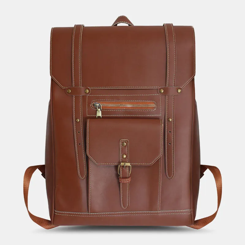 Men Retro PU Soft Leather Large Capacity Backpack Waterproof Breathable Front Pocket Design Shoulder Bag