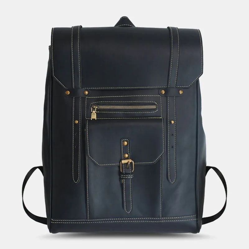 Men Retro PU Soft Leather Large Capacity Backpack Waterproof Breathable Front Pocket Design Shoulder Bag