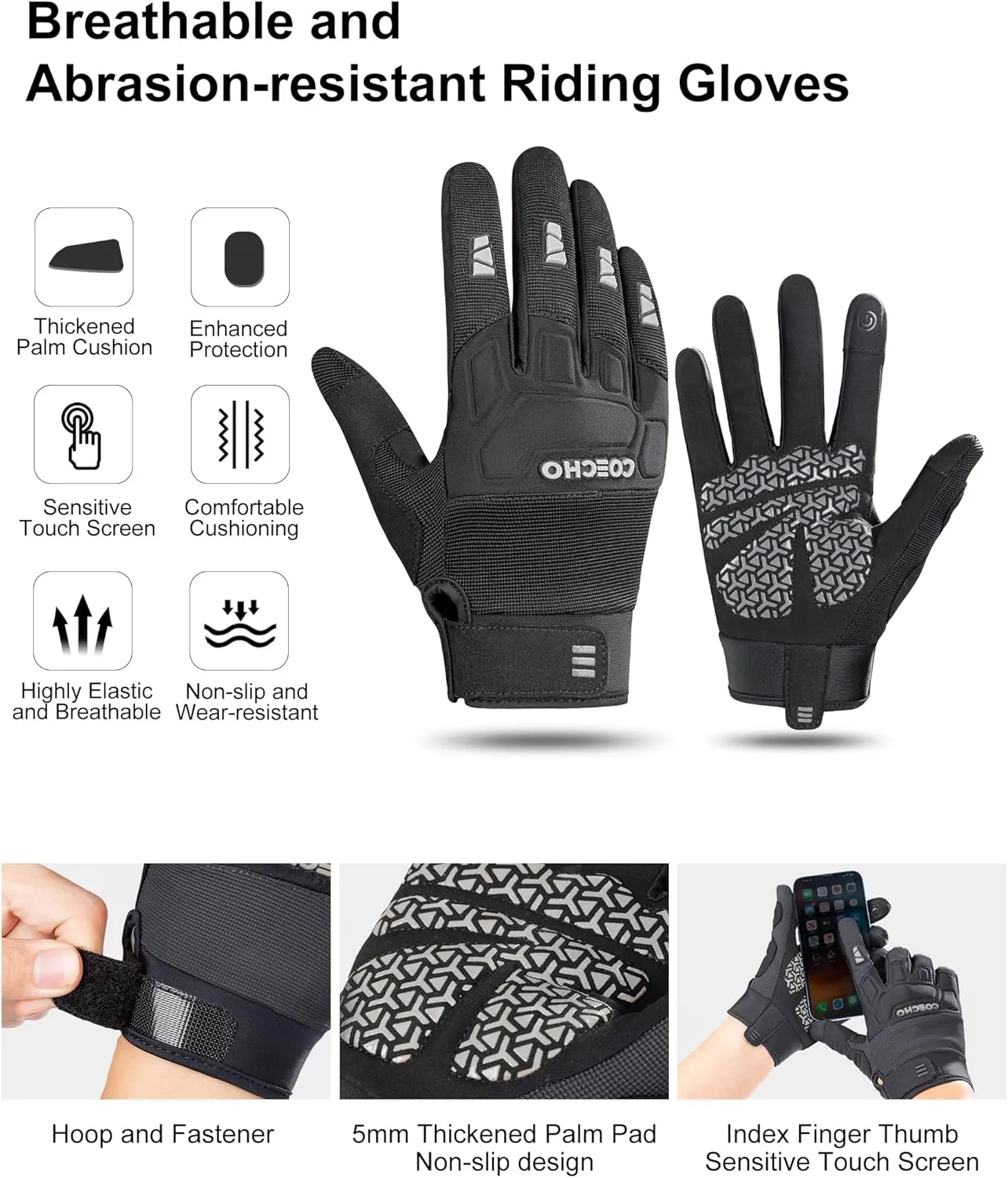 Men's Mountain Bike Gloves - 5mm Shock-Absorbing Anti-Slip Palm, Breathable Knuckle Guard, Touchscreen Fingertips, Lightweight & Durable for MTB/Motocross/Off-Road Cycling