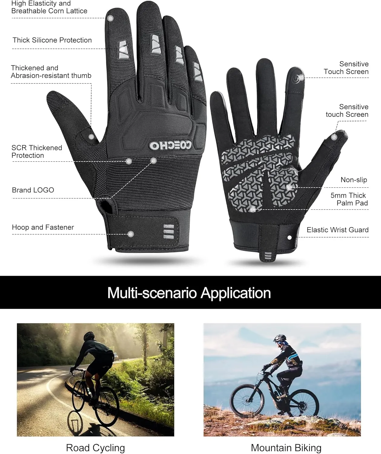 Men's Mountain Bike Gloves - 5mm Shock-Absorbing Anti-Slip Palm, Breathable Knuckle Guard, Touchscreen Fingertips, Lightweight & Durable for MTB/Motocross/Off-Road Cycling