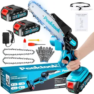 Mini Chainsaw Cordless 6Inch, Peektook Chain Saw Electric Chainsaw Battery Saw with 2 2.0Amh Battery & 2 Chains, Small Chain Saw Electric Saw with Strong Motor for Tree Trimming, branches cutting