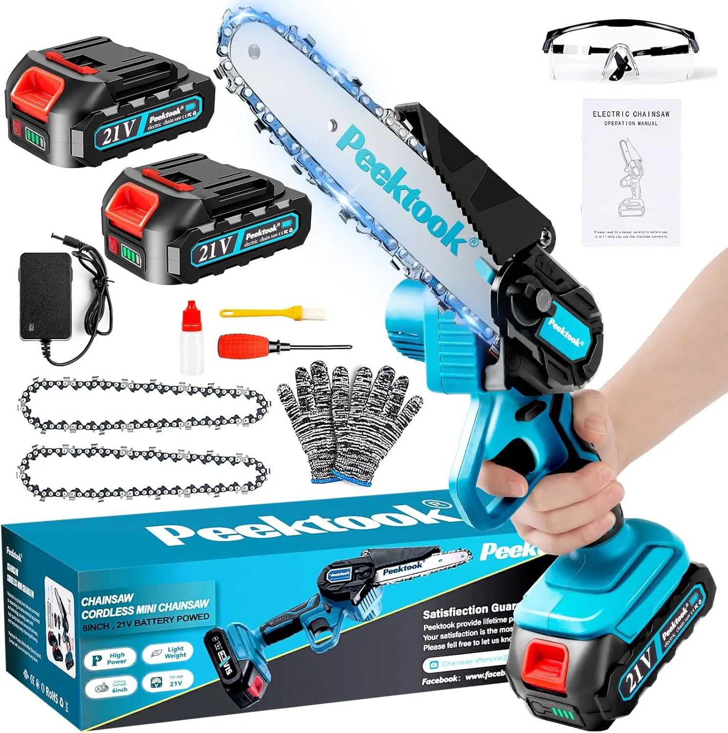 Mini Chainsaw Cordless 6Inch, Peektook Chain Saw Electric Chainsaw Battery Saw with 2 2.0Amh Battery & 2 Chains, Small Chain Saw Electric Saw with Strong Motor for Tree Trimming, branches cutting