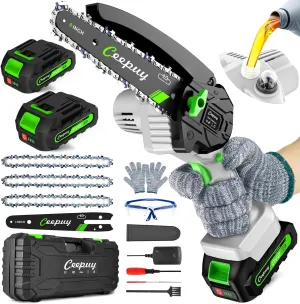 Mini Chainsaw Cordless,6 Inch Portable Electric Chain Saw w/Automatic Oiler/Battery Powered Small Handheld Saw w/Security Lock Trees Branches Trimming,Wood Cutting, 2 Batteries 3 Chains 2025
