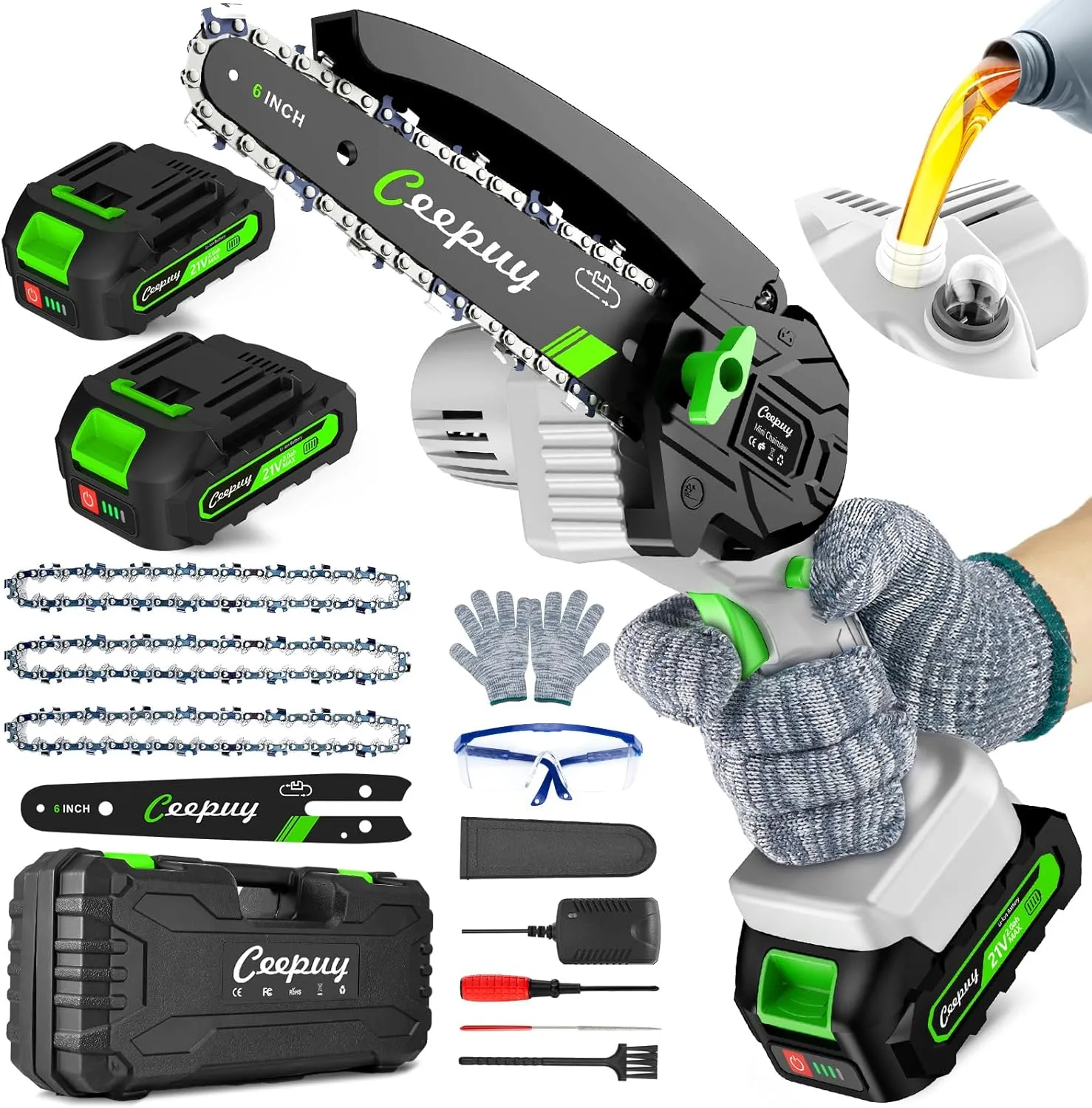 Mini Chainsaw Cordless,6 Inch Portable Electric Chain Saw w/Automatic Oiler/Battery Powered Small Handheld Saw w/Security Lock Trees Branches Trimming,Wood Cutting, 2 Batteries 3 Chains 2025