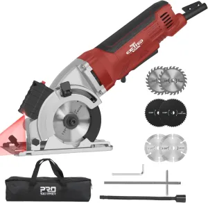Mini Circular Saw, Excited Work 4.5Amp Compact Circular Saw, 5000RPM, 6 Blades (3-3/8”), Max Cutting Depth 1-11/16” with Laser Guide, Scale Ruler, for Wood, Soft Metal, Tile and Plastic Cuts