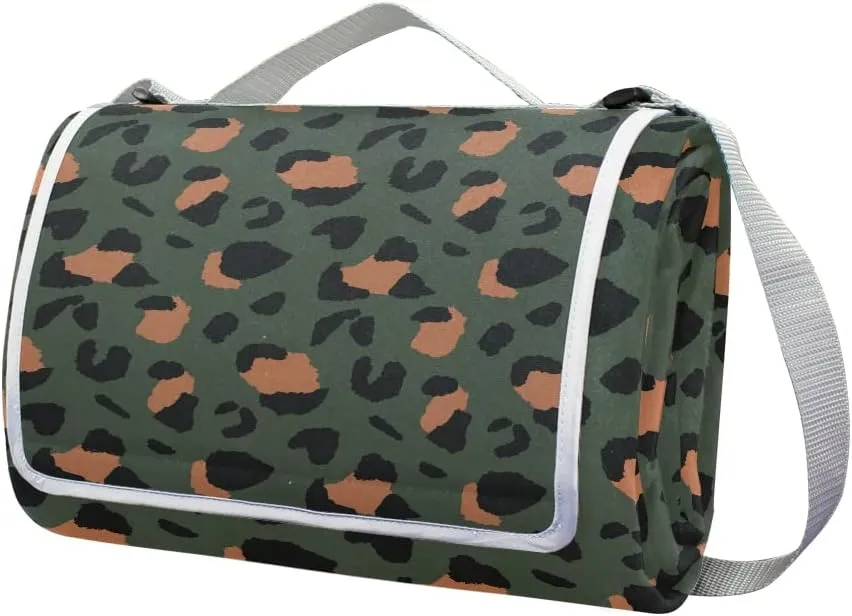 MNSRUU Picnic Blanket Waterproof Foldable, Animal Leopard Print Large Outdoor Picnic Blanket Beach Blankets Camping Blanket Travel Mat, Shoulder Strap Tote, Rectangle 57x59in