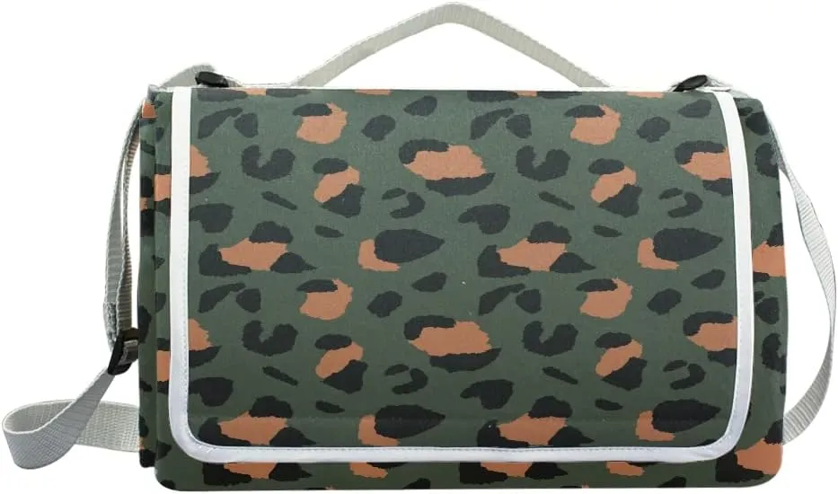 MNSRUU Picnic Blanket Waterproof Foldable, Animal Leopard Print Large Outdoor Picnic Blanket Beach Blankets Camping Blanket Travel Mat, Shoulder Strap Tote, Rectangle 57x59in