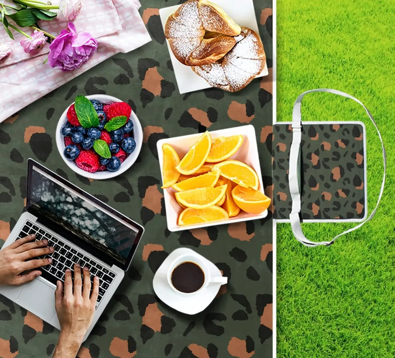 MNSRUU Picnic Blanket Waterproof Foldable, Animal Leopard Print Large Outdoor Picnic Blanket Beach Blankets Camping Blanket Travel Mat, Shoulder Strap Tote, Rectangle 57x59in