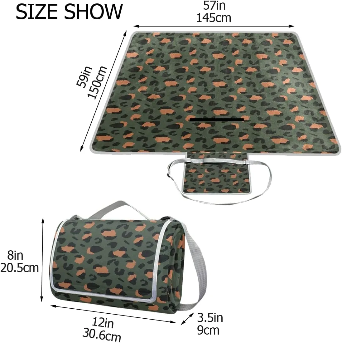 MNSRUU Picnic Blanket Waterproof Foldable, Animal Leopard Print Large Outdoor Picnic Blanket Beach Blankets Camping Blanket Travel Mat, Shoulder Strap Tote, Rectangle 57x59in