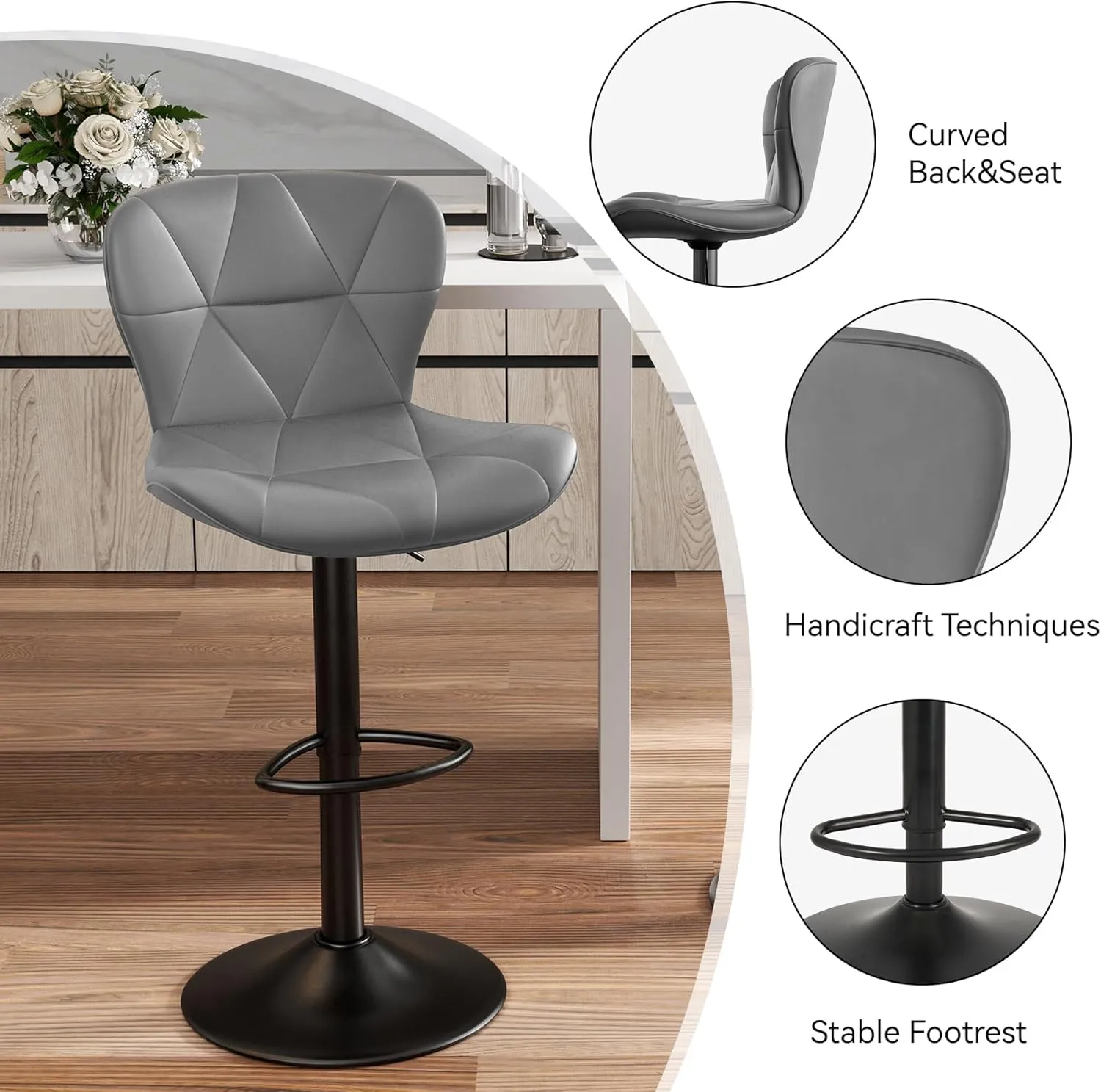 Modern Bar Stools Set of 2, Adjustable Faux Leather Upholstered Swivel Bar Stools, Counter Height Bar Chairs with Back for Kitchen Island, Grey