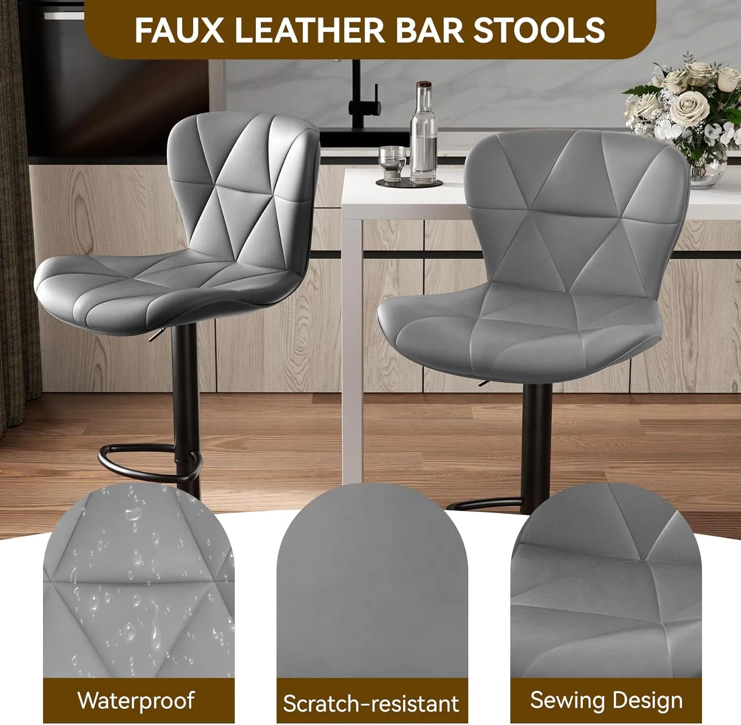 Modern Bar Stools Set of 2, Adjustable Faux Leather Upholstered Swivel Bar Stools, Counter Height Bar Chairs with Back for Kitchen Island, Grey