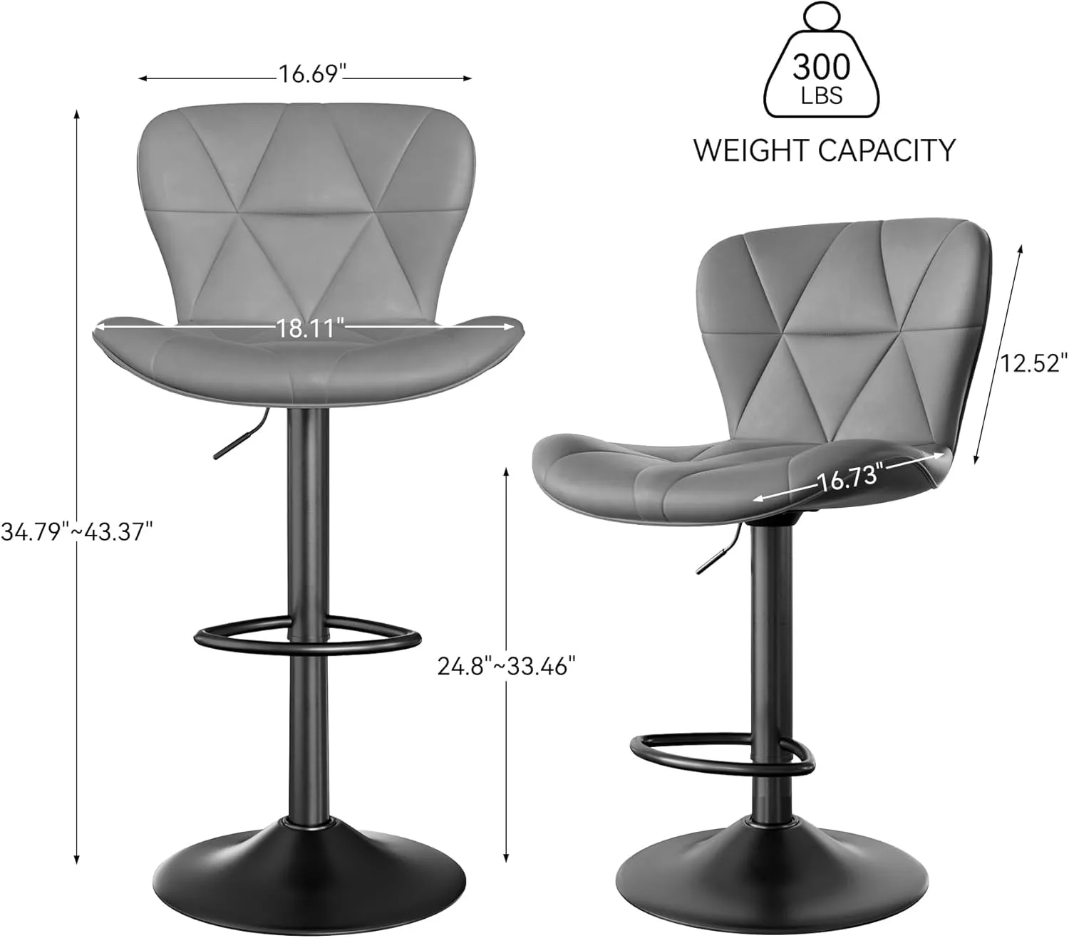 Modern Bar Stools Set of 2, Adjustable Faux Leather Upholstered Swivel Bar Stools, Counter Height Bar Chairs with Back for Kitchen Island, Grey