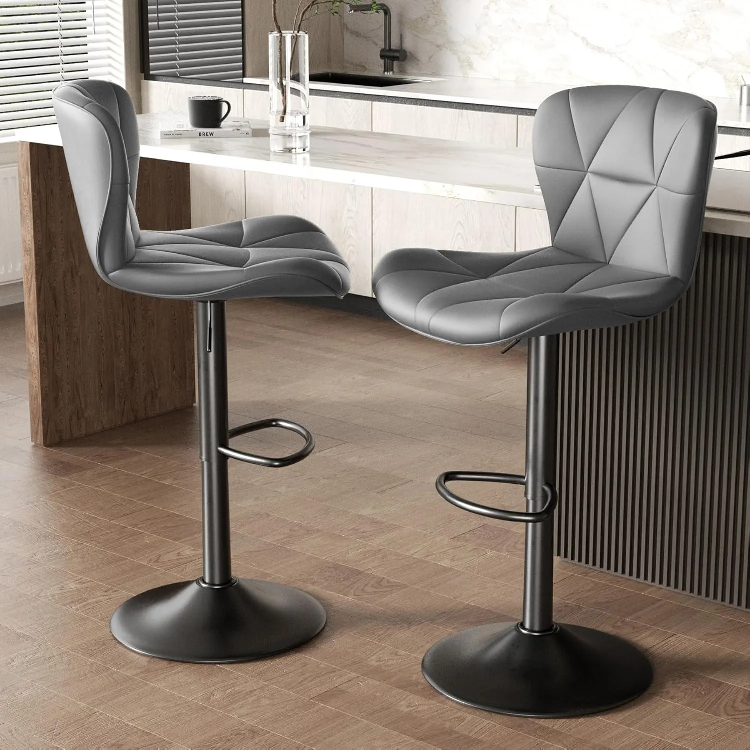 Modern Bar Stools Set of 2, Adjustable Faux Leather Upholstered Swivel Bar Stools, Counter Height Bar Chairs with Back for Kitchen Island, Grey