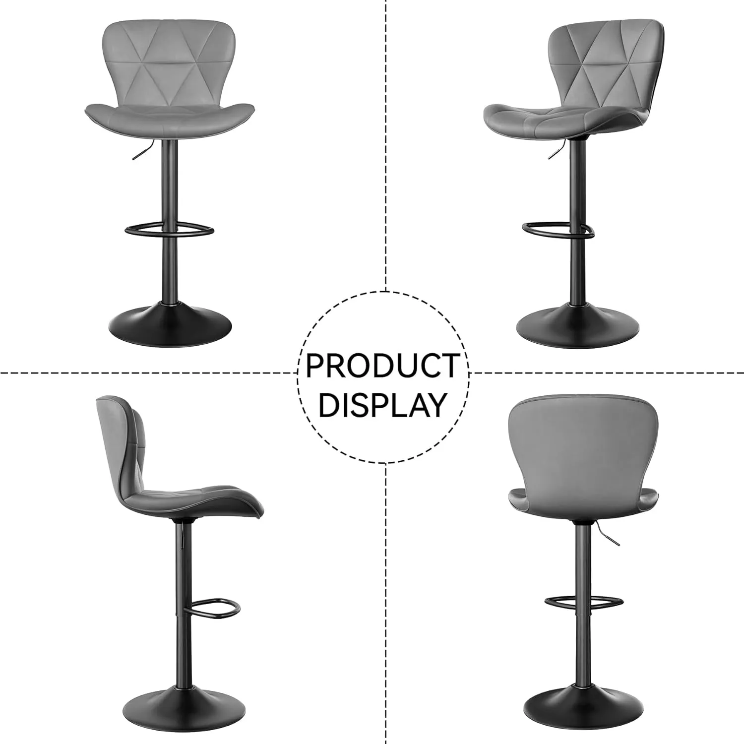 Modern Bar Stools Set of 2, Adjustable Faux Leather Upholstered Swivel Bar Stools, Counter Height Bar Chairs with Back for Kitchen Island, Grey