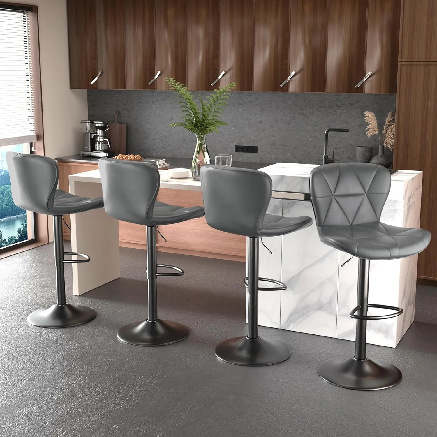 Modern Bar Stools Set of 2, Adjustable Faux Leather Upholstered Swivel Bar Stools, Counter Height Bar Chairs with Back for Kitchen Island, Grey
