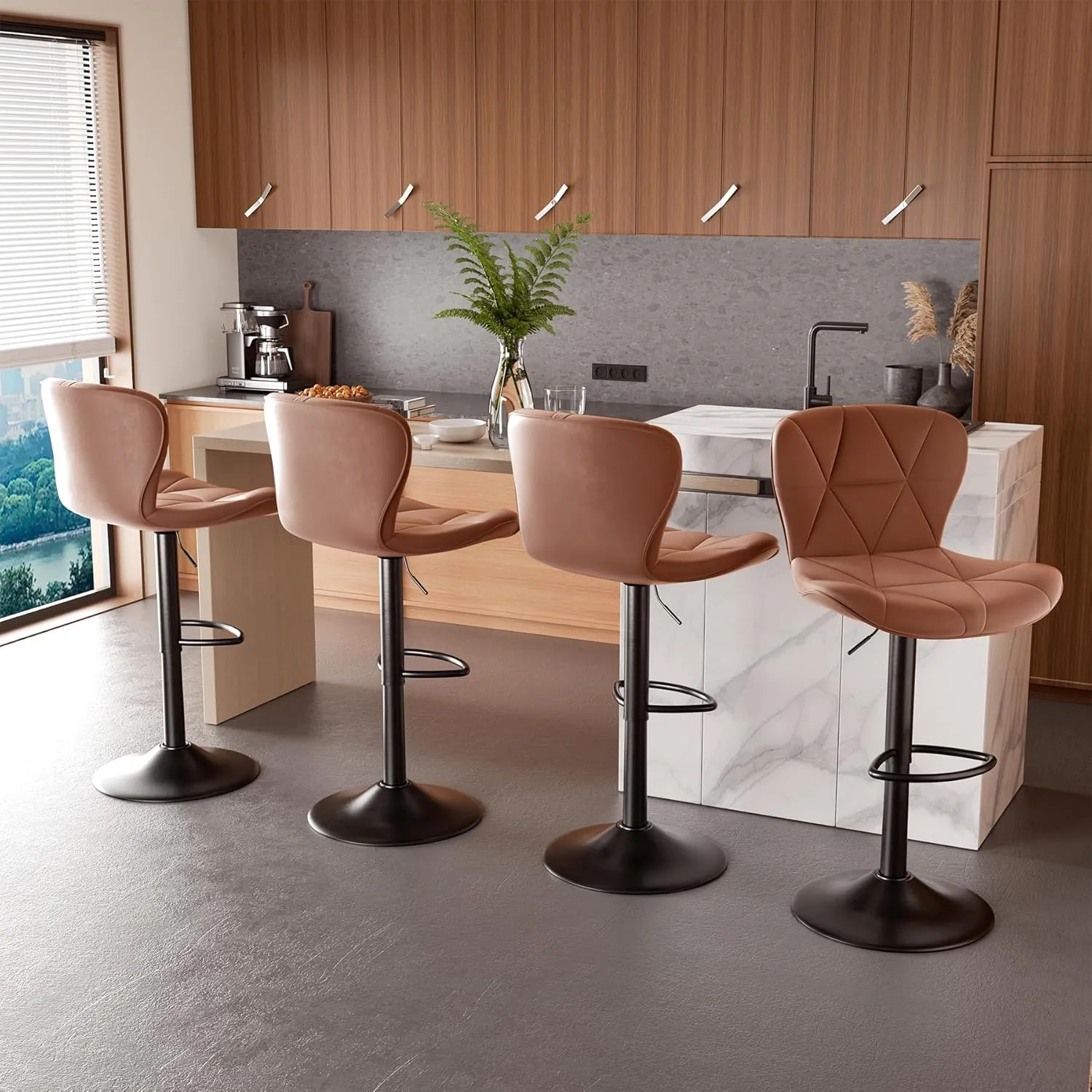 Modern Bar Stools Set of 2, Faux Leather Upholstered Swivel Bar Stools, Adjustable Counter Height Bar Chairs with Back for Kitchen Island, Rust
