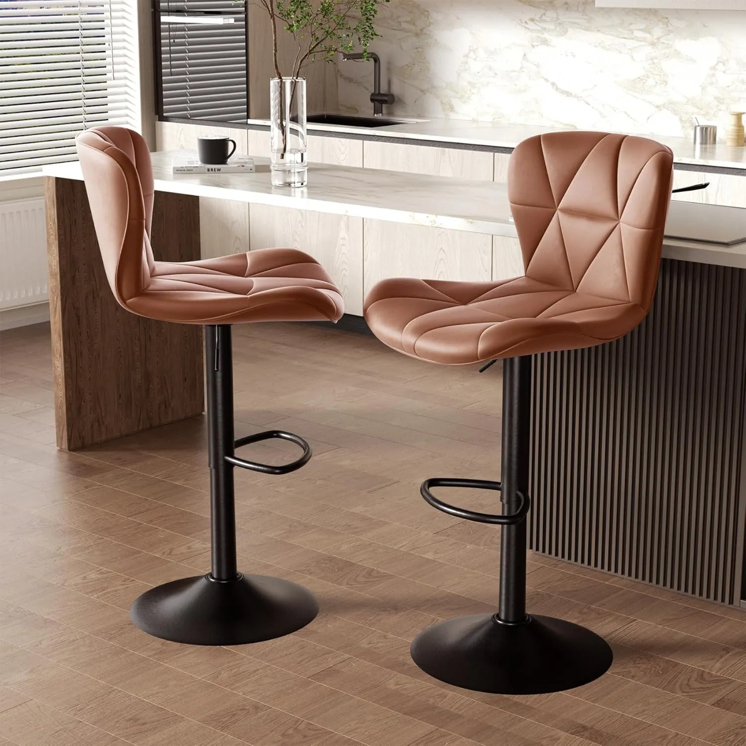 Modern Bar Stools Set of 2, Faux Leather Upholstered Swivel Bar Stools, Adjustable Counter Height Bar Chairs with Back for Kitchen Island, Rust