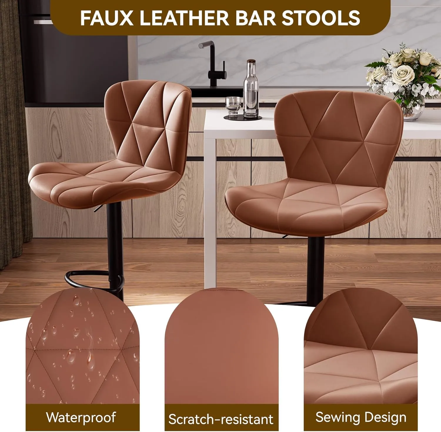 Modern Bar Stools Set of 2, Faux Leather Upholstered Swivel Bar Stools, Adjustable Counter Height Bar Chairs with Back for Kitchen Island, Rust