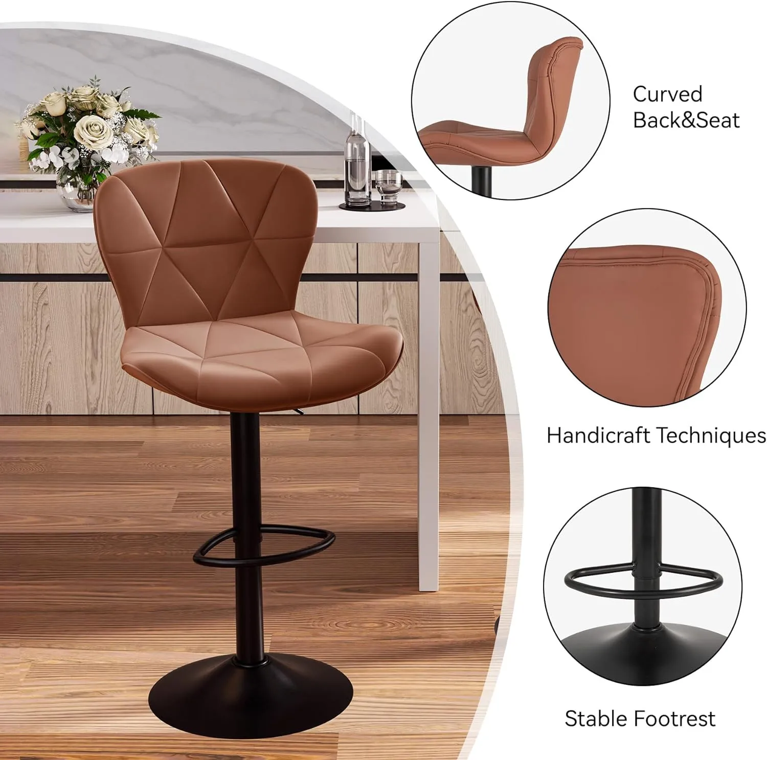 Modern Bar Stools Set of 2, Faux Leather Upholstered Swivel Bar Stools, Adjustable Counter Height Bar Chairs with Back for Kitchen Island, Rust