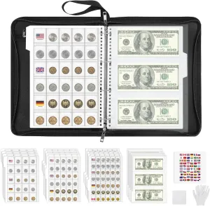 MoKo Coin Collection Book, 356 Pockets Fireproof Album Holder & 36 Sleeves Currency Storage Binder, Supplies for Bill Penny Quarter Stamp, Black