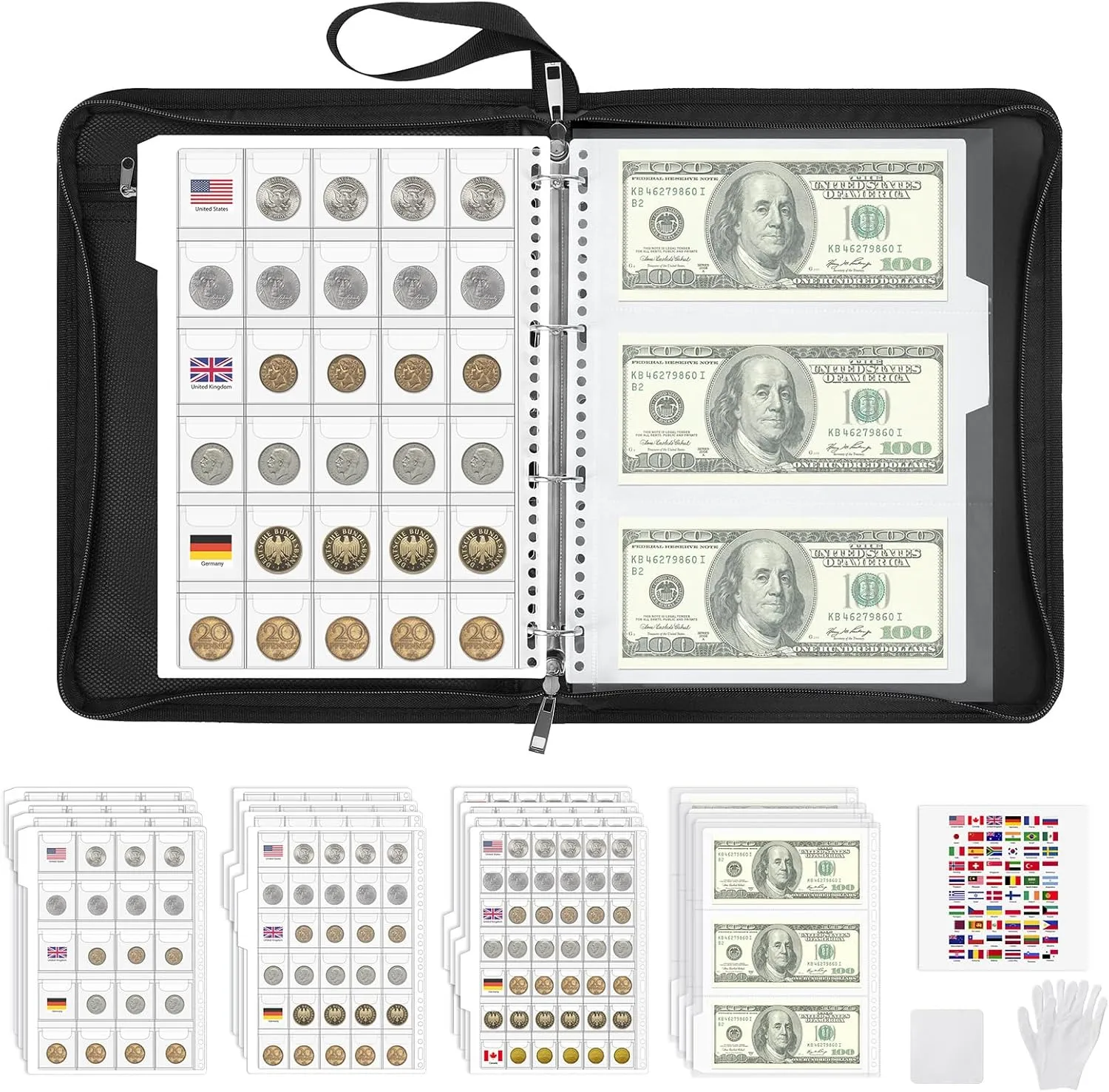 MoKo Coin Collection Book, 356 Pockets Fireproof Album Holder & 36 Sleeves Currency Storage Binder, Supplies for Bill Penny Quarter Stamp, Black