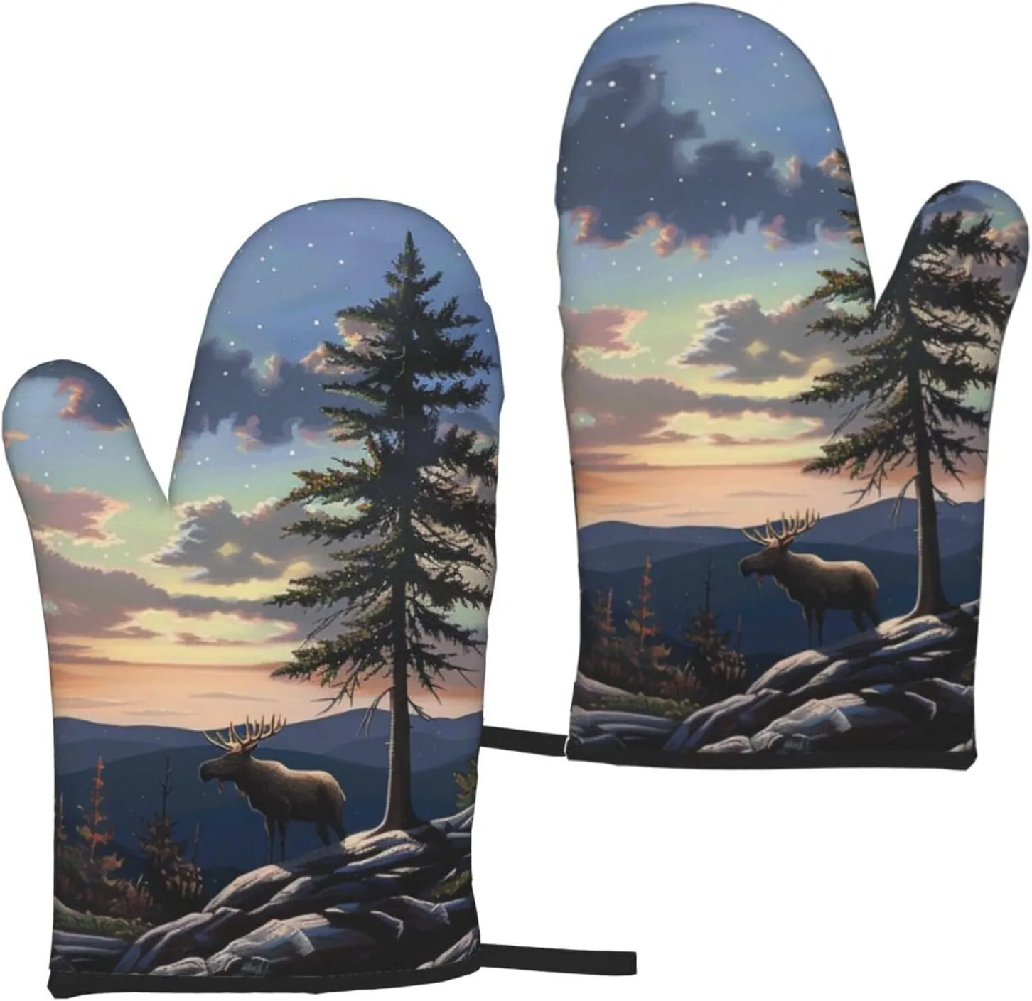 Moose Mountain Pine Tree Wilderness Prints Oven Mitts Sets of 2 Heat Resistant Kitchen Gloves for Picnic BBQ Cooking Baking