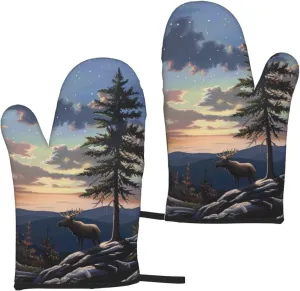 Moose Mountain Pine Tree Wilderness Prints Oven Mitts Sets of 2 Heat Resistant Kitchen Gloves for Picnic BBQ Cooking Baking