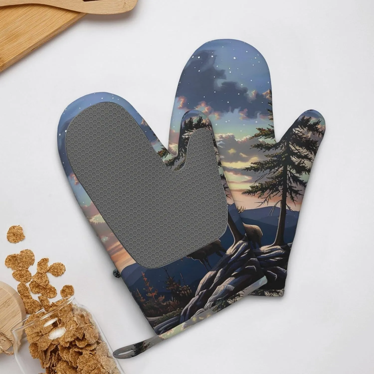 Moose Mountain Pine Tree Wilderness Prints Silicone Oven Mitts Sets of 2 Heat Resistant Kitchen Gloves for Picnic BBQ Cooking Baking