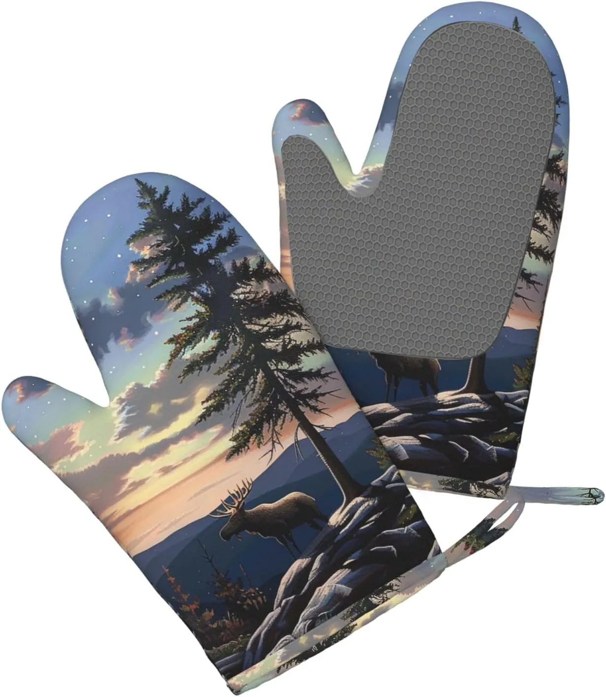 Moose Mountain Pine Tree Wilderness Prints Silicone Oven Mitts Sets of 2 Heat Resistant Kitchen Gloves for Picnic BBQ Cooking Baking