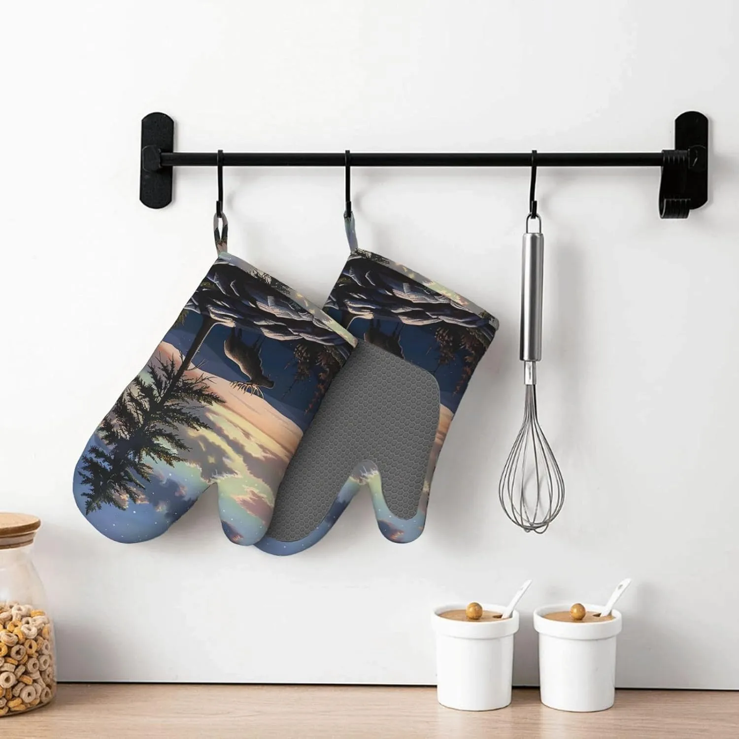 Moose Mountain Pine Tree Wilderness Prints Silicone Oven Mitts Sets of 2 Heat Resistant Kitchen Gloves for Picnic BBQ Cooking Baking