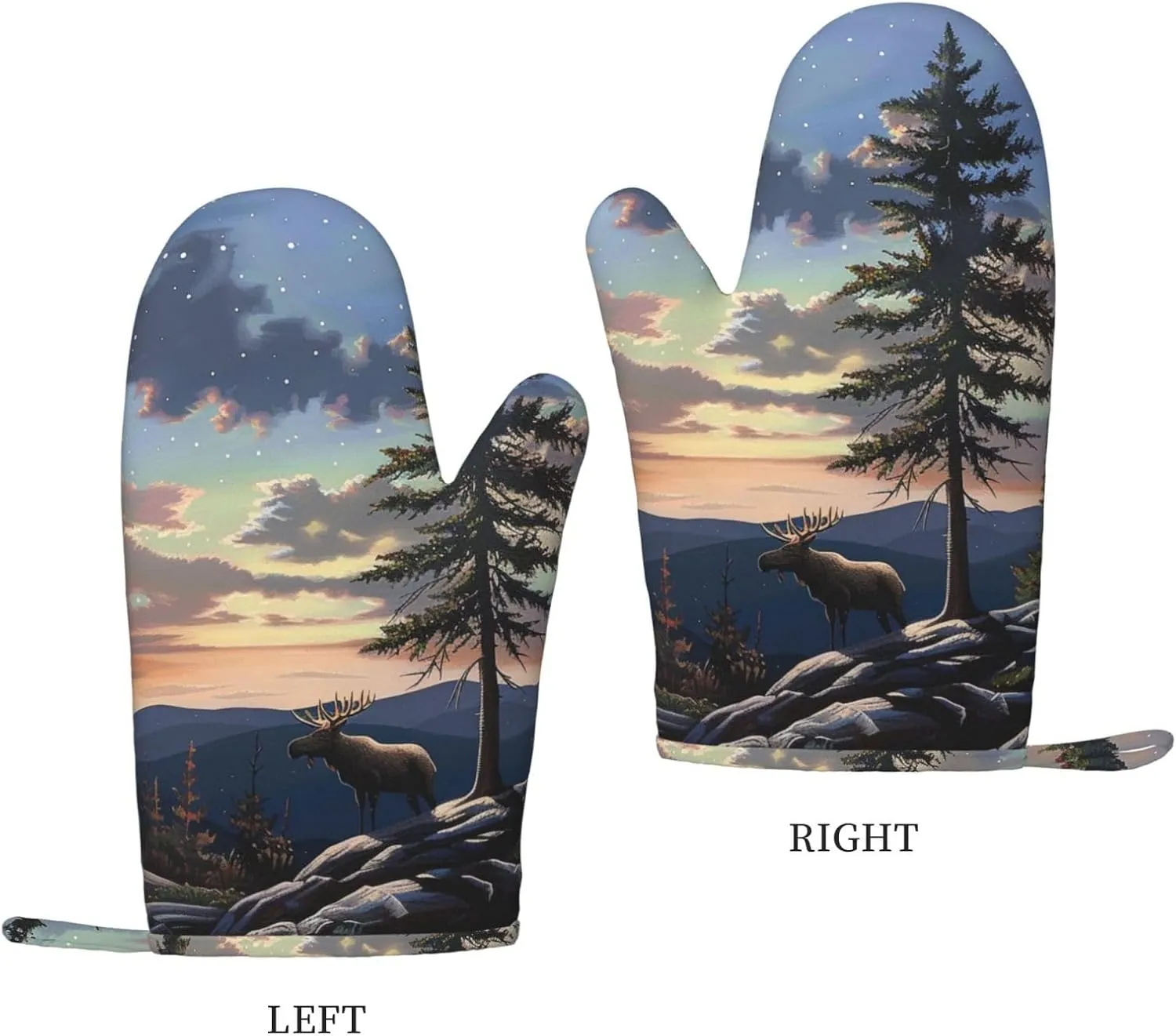 Moose Mountain Pine Tree Wilderness Prints Silicone Oven Mitts Sets of 2 Heat Resistant Kitchen Gloves for Picnic BBQ Cooking Baking