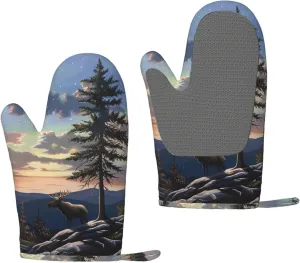 Moose Mountain Pine Tree Wilderness Prints Silicone Oven Mitts Sets of 2 Heat Resistant Kitchen Gloves for Picnic BBQ Cooking Baking