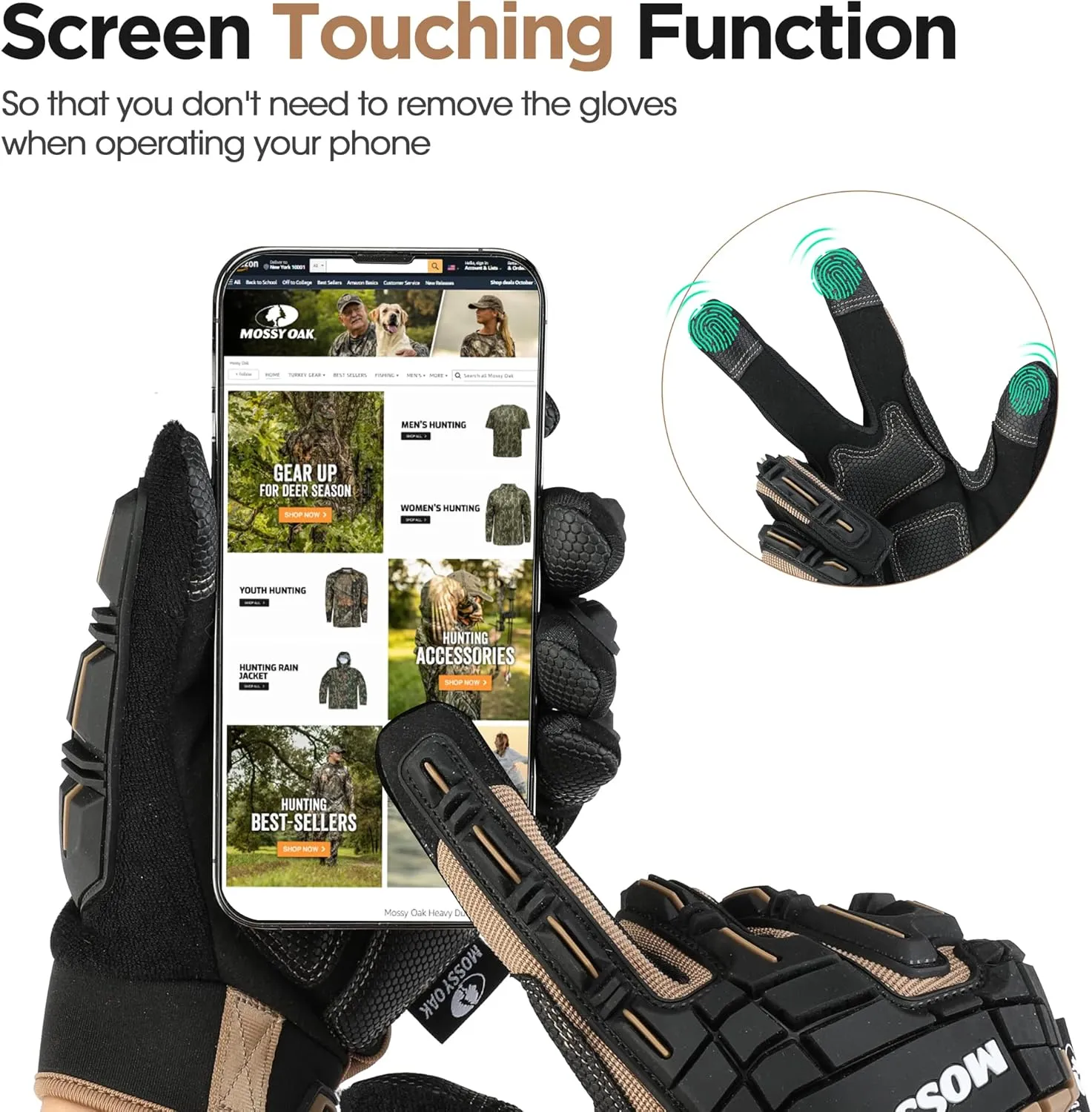 Mossy Oak Motorcycle Gloves for Men, Touchscreen Hunting, Airsoft, Tactical for Shooting, Cycling