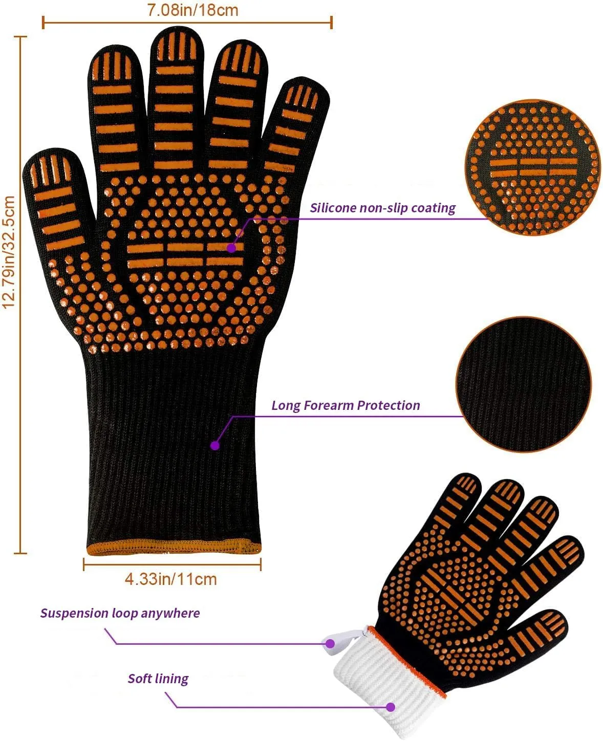 MSDADA BBQ Gloves, 1472°F Heat Resistant Grill Gloves, Fireproof Oven Mitts for Grilling, Smoking,Barbecue, Cooking, Welding, Baking, Camping, Cutting, with Oil Brush(Orange)