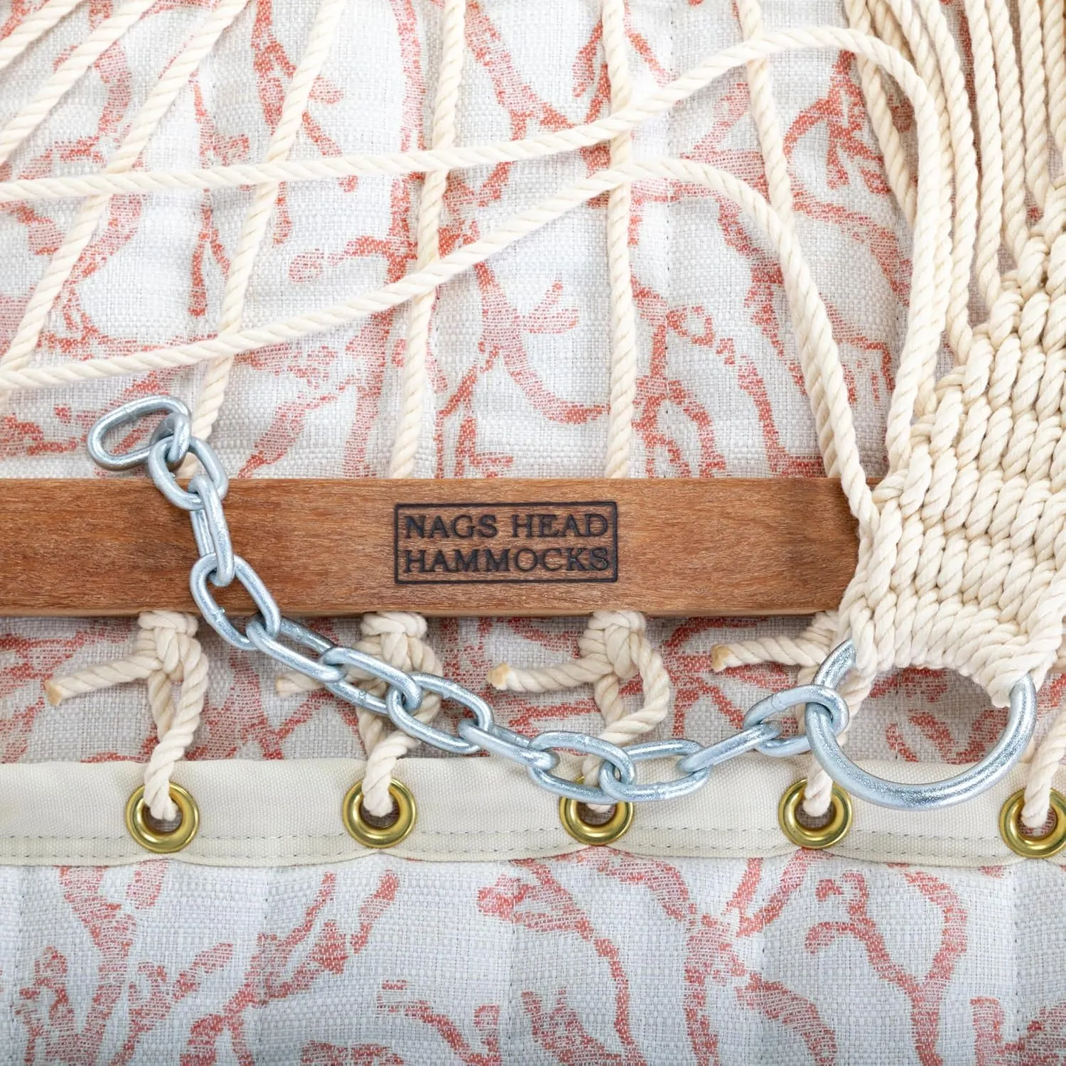 Nags Head Hammocks Atoll Persimmon Bella Dura Quilted Hammock, Constructed of Durable Fabrics, Cumaru Spreader Bar, Rolled Rim Grommets, Galvanized Hardware, Handcrafted in The Carolinas
