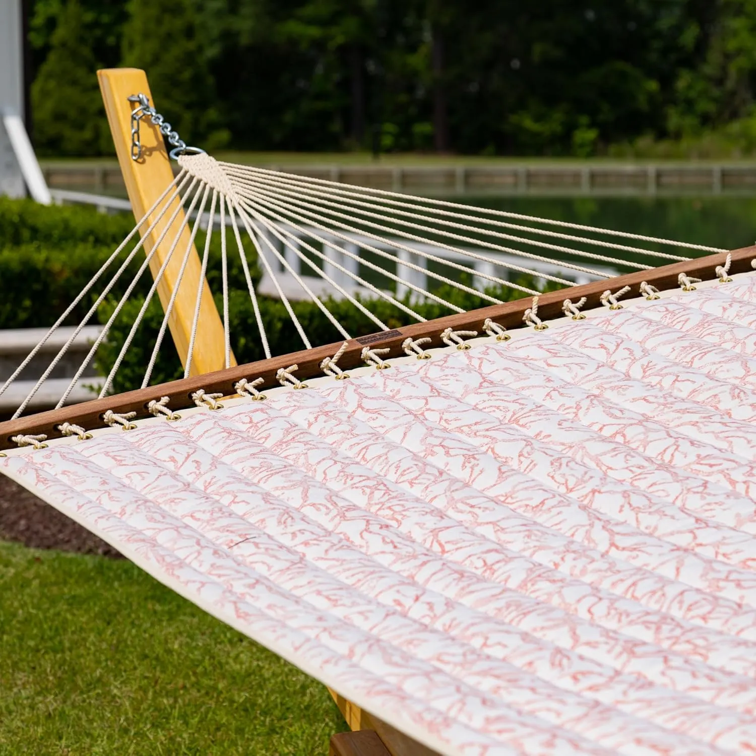 Nags Head Hammocks Atoll Persimmon Bella Dura Quilted Hammock, Constructed of Durable Fabrics, Cumaru Spreader Bar, Rolled Rim Grommets, Galvanized Hardware, Handcrafted in The Carolinas
