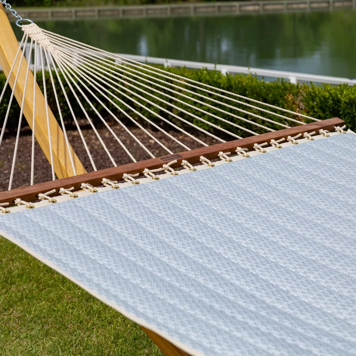 Nags Head Hammocks Festoon Mist Bella Dura Quilted Hammock, Constructed of Durable Fabrics, Cumaru Spreader Bar, Rolled Rim Grommets, Galvanized Hardware, Handcrafted in The Carolinas