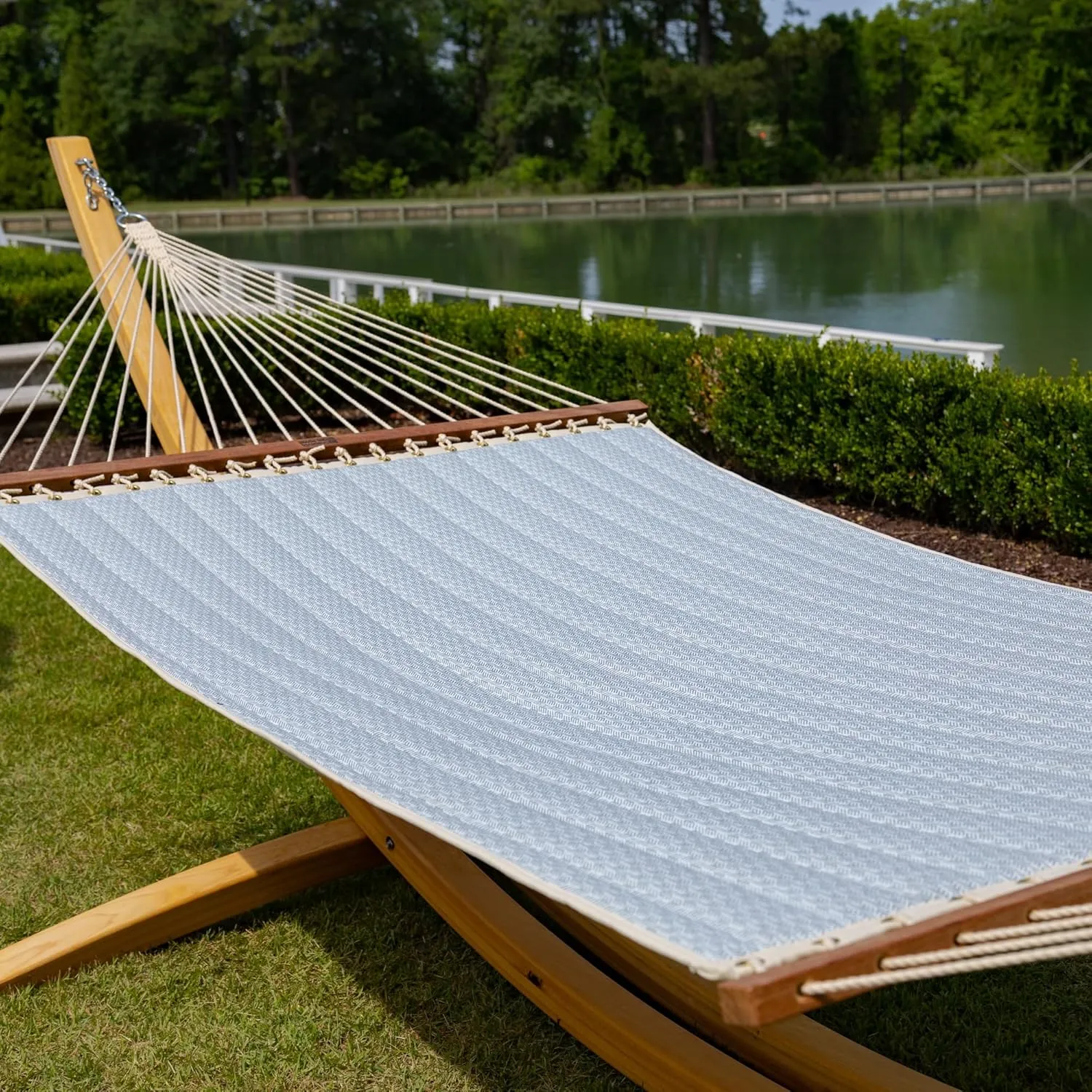 Nags Head Hammocks Festoon Mist Bella Dura Quilted Hammock, Constructed of Durable Fabrics, Cumaru Spreader Bar, Rolled Rim Grommets, Galvanized Hardware, Handcrafted in The Carolinas